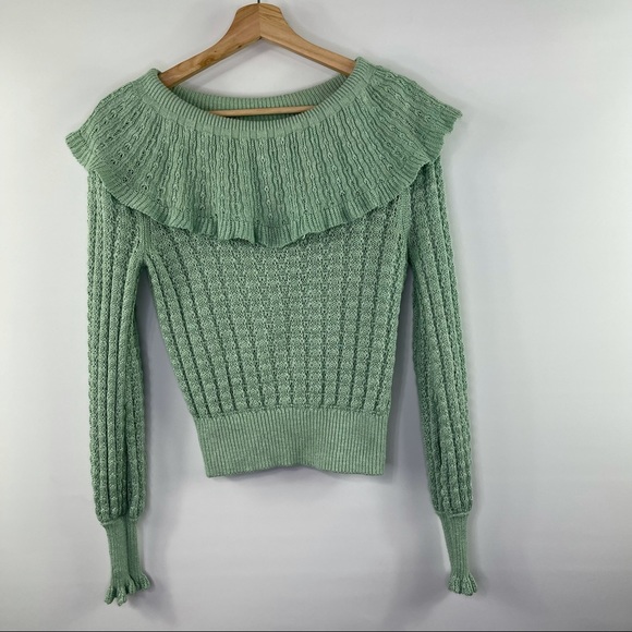 Free People Crochet Sweater Crazy In Love Knit Ruffle Sweater Mint Green Size XS - Picture 3 of 6